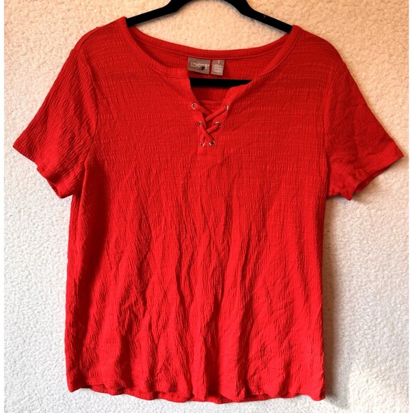 Chico's Red Short Sleeved V-Neck T-shirt Size M 100%‎ Cotton Travel Lightweight - Picture 1 of 8